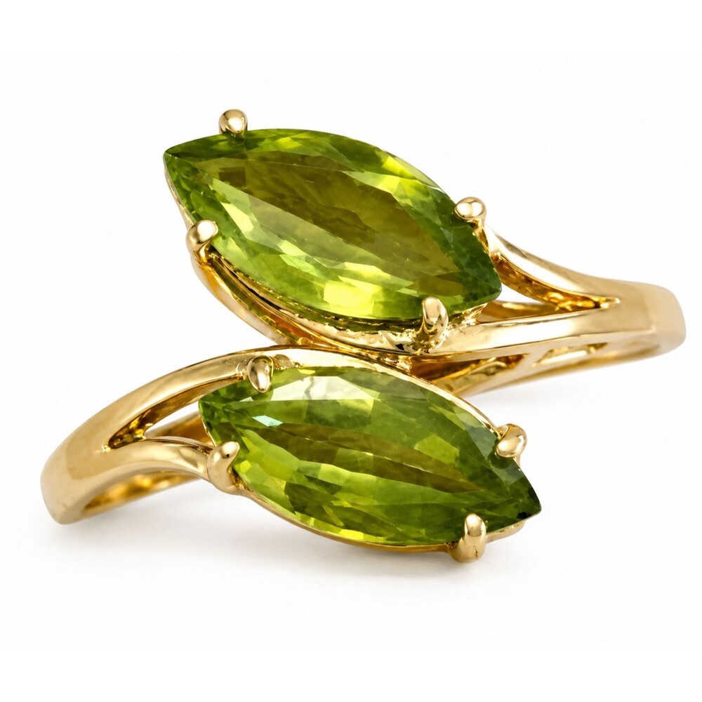 18K YG Electroplate 2.00 CT Marquise Cut Simulated Peridot Two Stone Ring